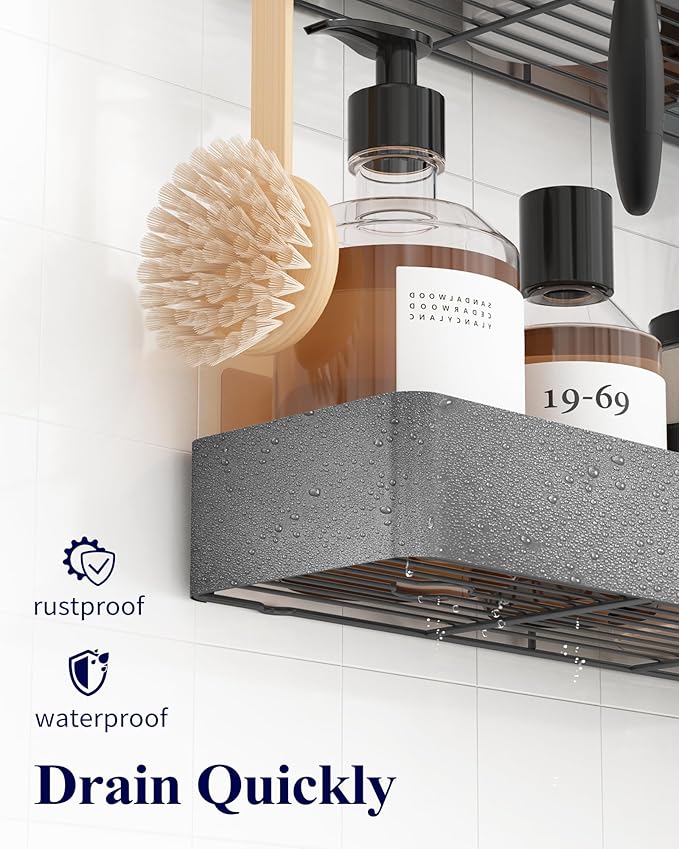 Kitsure Shower Caddy - 2 Pack Adhesive Shower Organizer, Rustproof Metal Shelves, No-Drill Bathroom Organizers and Storage, Dark Grey, XX-Large