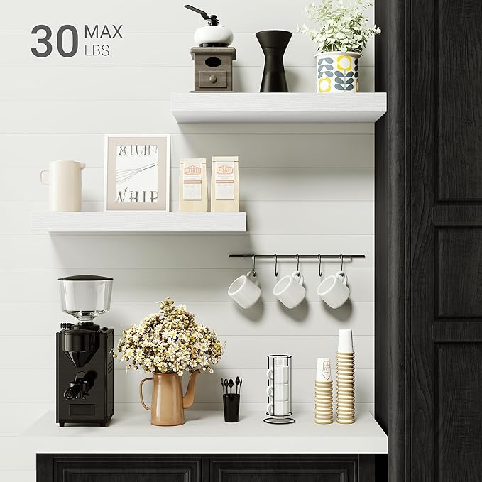 Vivelove 16 inch Floating Shelves for Wall, Bathroom Shelves Over Toilet, Wall Shelf for Bedroom, Living Room, Kitchen, Office Home Decor, Narrow Shelves with Invisible Brackets - Set of 2, White