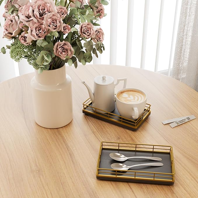 Wooden Decorative Tray, Oak 7.5" L Coffee Table for Kitchen Countertop Dresser Perfume Tray Jewelry Candle Nightstand Table Centerpieces for Dining Room Decor Black Gold