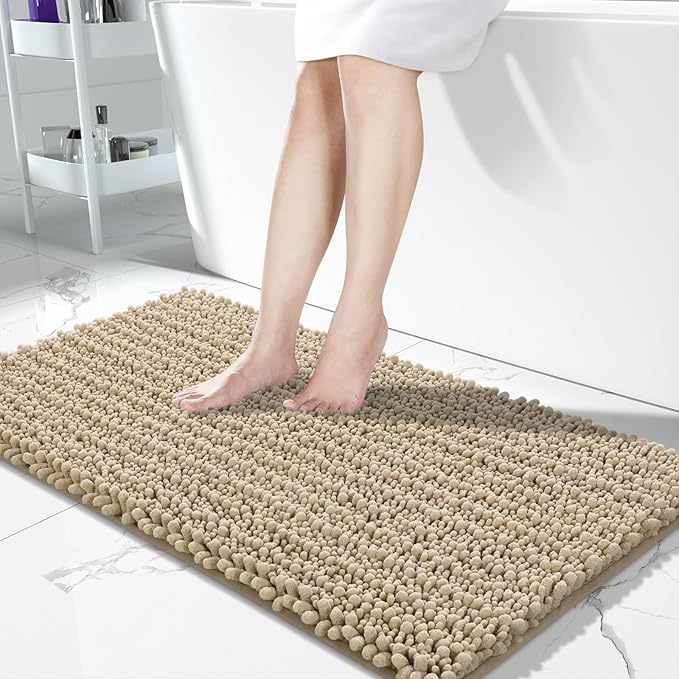 Yimobra Bathroom Runner Rug 55x24 Inch - Extra Long Non Slip Chenille Bath Mat, Soft & Absorbent, Machine Washable Shaggy Hallway Carpet for Vanity Tub Shower, Camel Home Decor Accessories