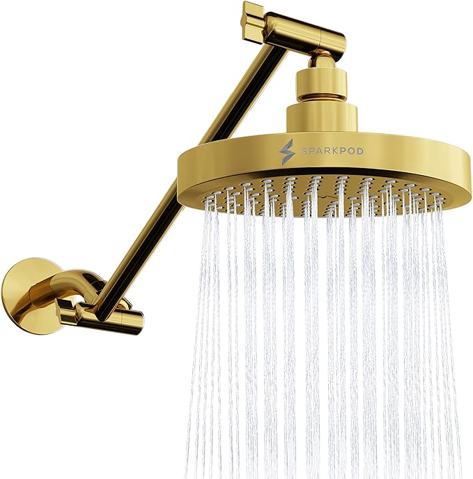 SparkPod Round Rain Shower Head with Extension Arm - Height Adjustable Shower Head with High Pressure Performance - Easy 1-Minute Installation (11" Arm Extension, Egyptian Gold)