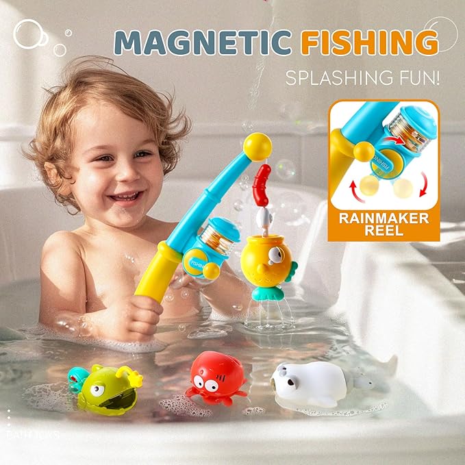 Bath Toys for Kids, Magnetic Fishing Toys with Storage Bag and Light up Star, Wind Up Creatures Baby Bathtub Birthday Gifts for Toddlers 2-4 Boys Girls, 11 Pcs Set