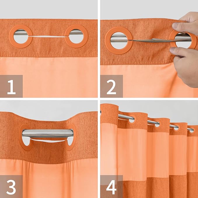 No Hooks Needed Linen Textured Shower Curtain with Snap-in Fabric Liner Set,Hotel Luxury Decor Waterproof Shower Curtains for Bathroom with Mesh Top Window,Washable,71Wx74H,Burnt Orange