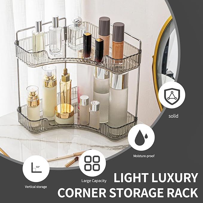 YCIA&DONE Corner Bathroom Counter Organizer, Makeup Organizer for Vanity, Skincare Cosmetic Perfume Tray, Corner Countertop Shelf Rack Storage for Bathroom Kitchen 2 Tiers (Smoky Gray)