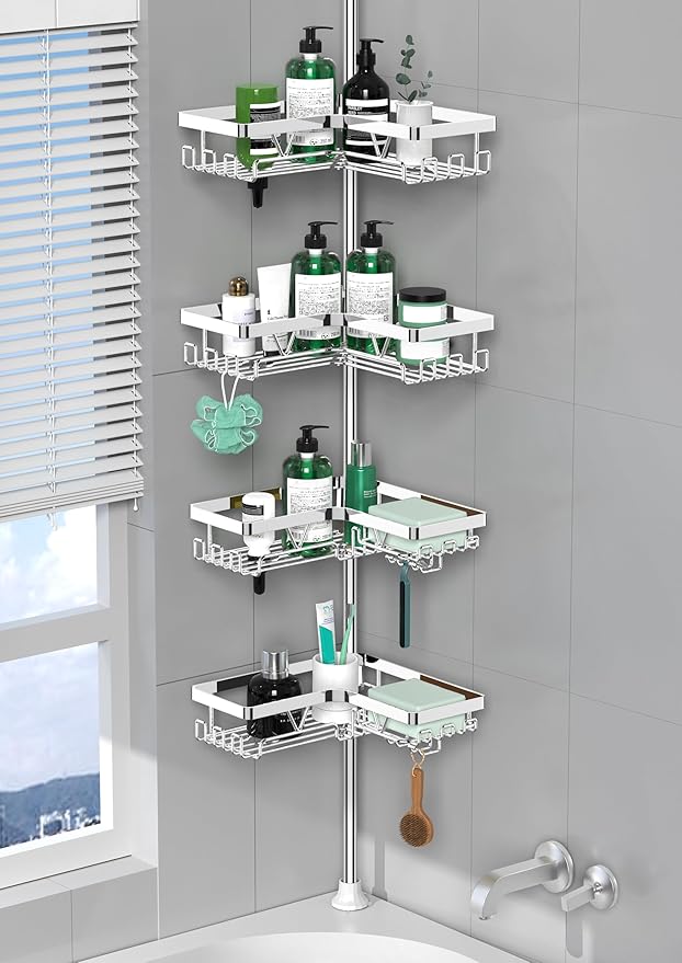 Corner Shower Caddy Tension Pole - Chrome Tension Rod Shower Caddy Adjustable Shampoo Holder for Bathroom/Bathtub/RV, Stainless Steel, Floor to Ceiling 25-114.2 inch
