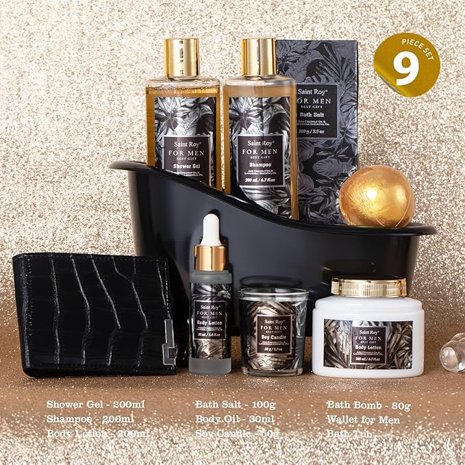 Gift for Dad Spa Gifts for Men, Bath & Body Kit, Spa Gift Set, Man Spa Basket Set for Dad, Mens Perfume Bath and Body Gift Set, Ideal Christmas Birthday Self Skin Care Set for Man Leather Wallet