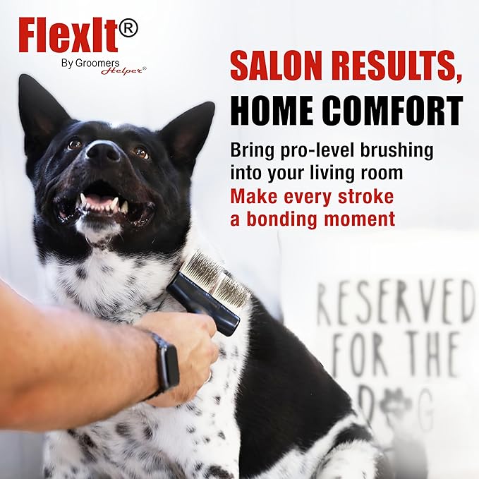 FlexIt Flexible Slicker Brush for Dogs - Professional 3-in-1 System & Video Trainings - Dual-Sided Dematting, Undercoating & Finishing Dog Grooming Brush by Groomers Helper (Single, Soft Flex)