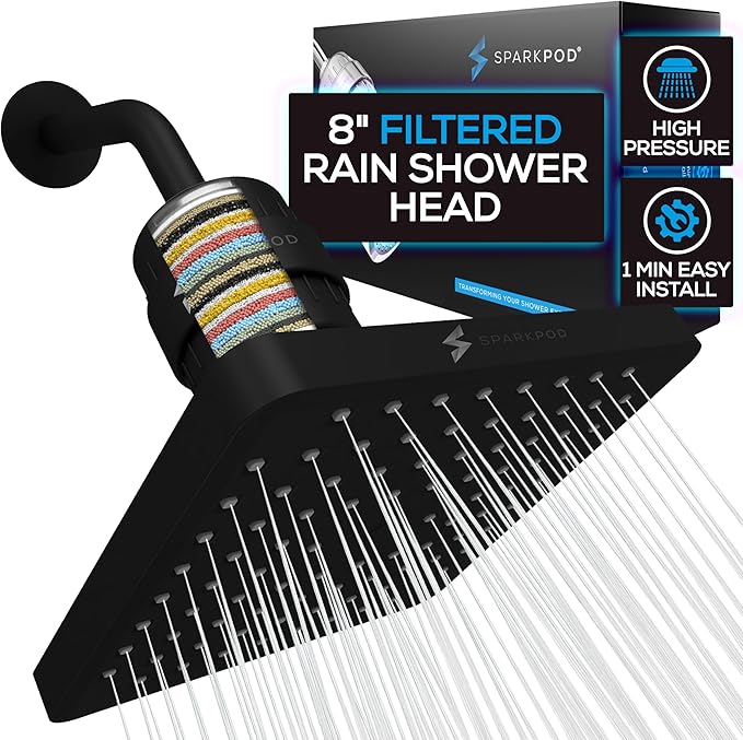 SparkPod Luxury Filtered Shower Head Set 23 Stage Shower Filter - Reduces Chlorine and Heavy Metals - High Pressure Showerhead Filter (8" Square, Midnight Black Matte)