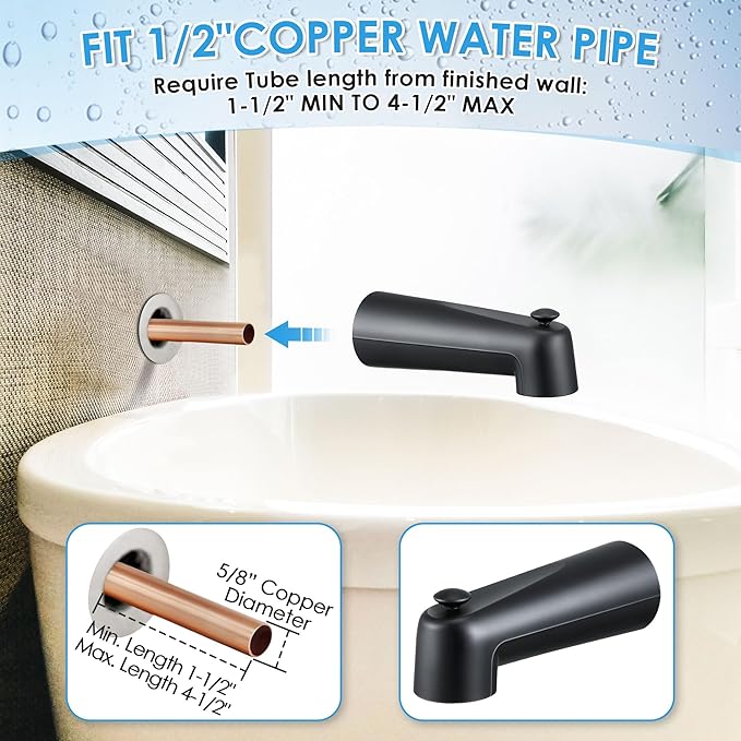 Enhon 7 Inch Slip on Tub Spout with Diverter, Compatible with Moen 3839/Moen 3853, Bathtub Diverter Spout Fits 1/2" Copper Water Tube(5/8" Diameter), 5/32" Hex Wrench(Matte Black,Classic)