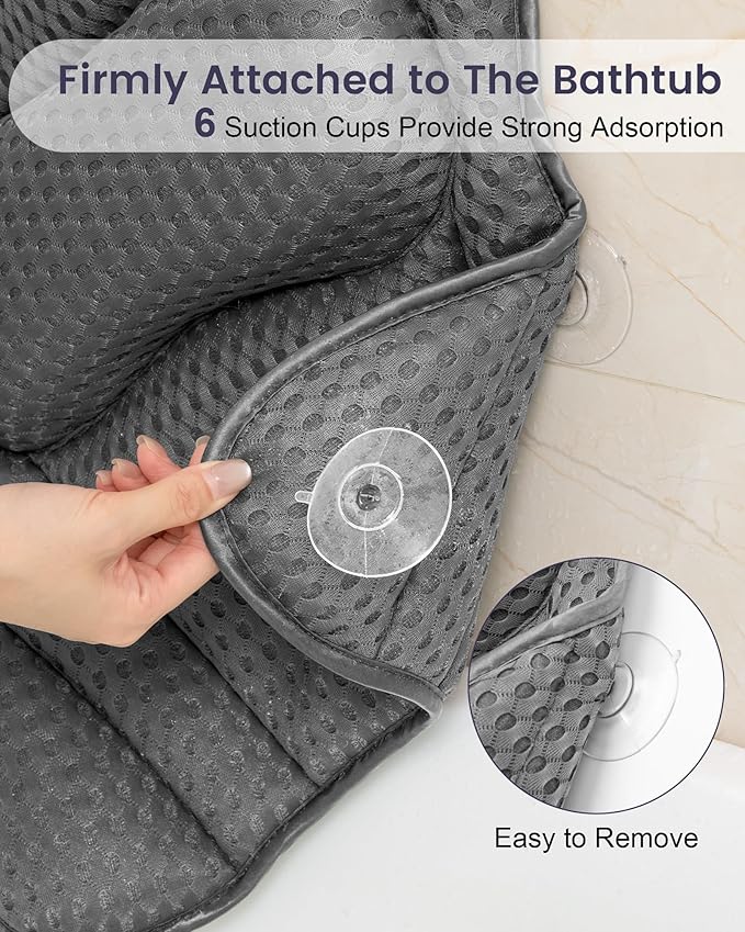 Bath Pillow, Bath Pillows for Tub Neck and Back Support, Soft 4D Air Mesh Bathtub Pillow 16.5 x 17.3 INCH, with 6 Powerful Suction Cups, Bath Accessories Relaxing Gifts for Women (Grey)