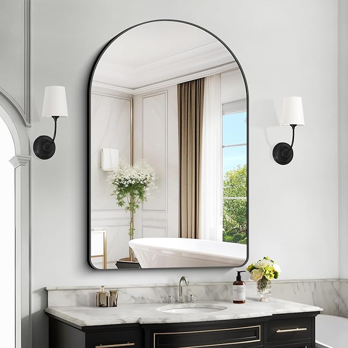 Arched Bathroom Mirror, 32"x48" Black Arched Mirror for Bathroom, Wall Mounted Mirror, Black Vanity Wall Mirror w/Metal Frame for Bedroom, Entryway, Living Room, Hanging or Leaning Against Wall