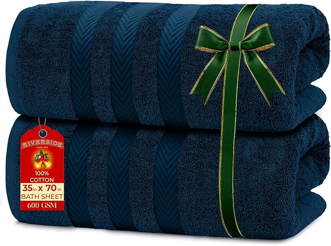 RIVERSIDE Pack of 2 Extra Large Bath Sheets 35 x 70 Inches - 100% Ring Spun Cotton Hotel Quality Oversized Bath Towels - Super Soft, Highly Absorbent & Quicker to Dry - Blue Opal