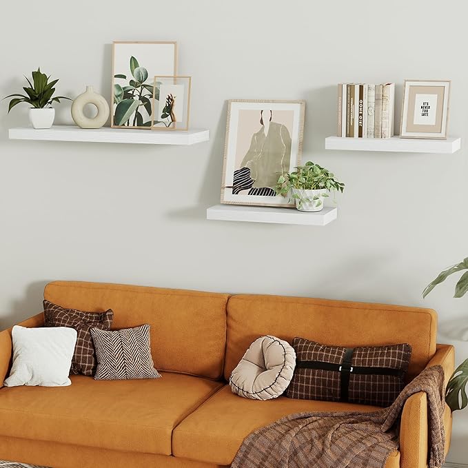 Vivelove 16 inch Floating Shelves for Wall, Bathroom Shelves Over Toilet, Wall Shelf for Bedroom, Living Room, Kitchen, Office Home Decor, Narrow Shelves with Invisible Brackets - Set of 2, White