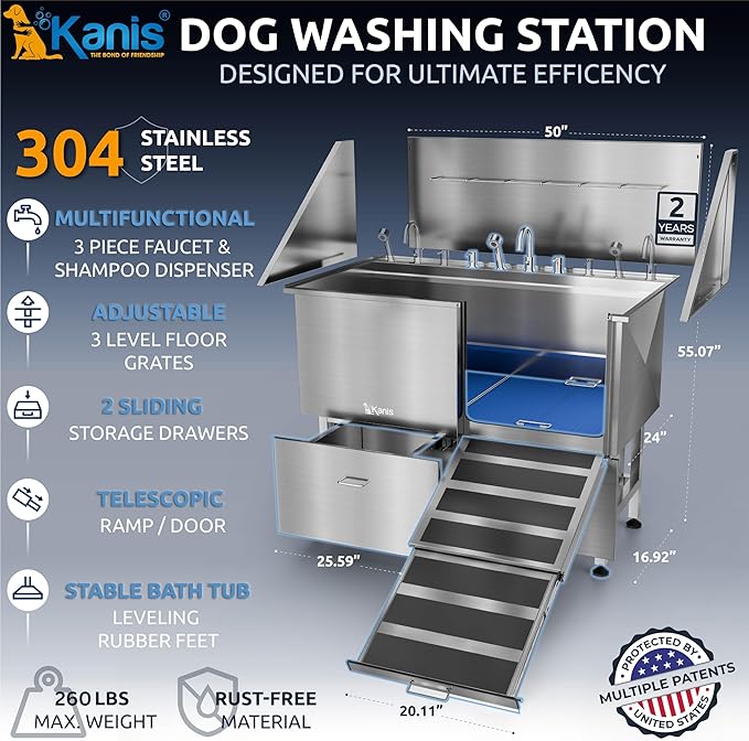 KANIS Professional Dog Washing Station - 304 Stainless Steel Pet Wash Sink & Grooming Bathtub w/Shower, Floor Grates and Storage for Large, Medium & Small Pets (50", 2 Drawers - Right Ramp)