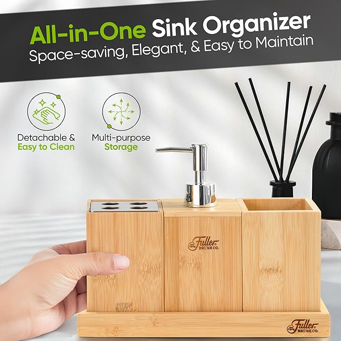 Fuller’s Bamboo Bathroom Counter Set – Eco-Friendly & Water-Resistant Sink Organizer | 4-Piece Vanity Tray, Soap Dispenser, Toothbrush Holder & Storage Container