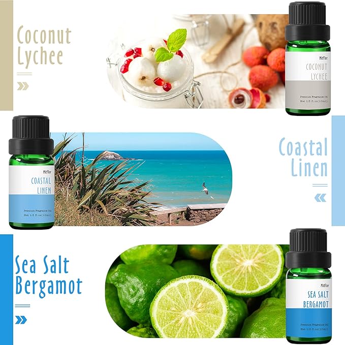 Beach Fragrance Oils, MitFlor Premium Essential Oils for Diffusers for Home, 6x10 ml, Fragrance Oil for Candle Soap Making, Aromatherapy Diffuser Oils Scents, Coastal Linen, Ocean Mist and More