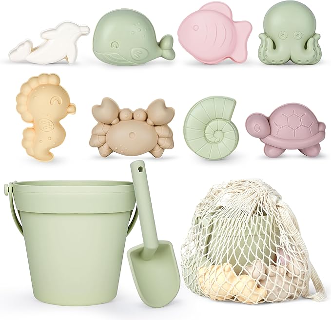 MarcZero 11Pcs Silicone Beach Toys,Modern Baby Beach Toys,Travel Friendly Beach Set,Silicone Bucket, Shovel, 8 Sand Molds, Beach Bag, Sand Toys for Toddlers, Kids (Green)
