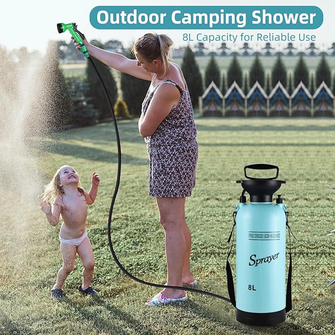 Finderomend Portable Shower for Camping with 7 Spray Modes, Hand Press Camping Shower with Removable Hose and Shower Head,Pressure Rinse Kits for Hiking Traveling Garden Beach Pet Shower