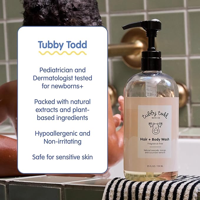 Tubby Todd's Baby Body Wash and Lotion Set - Gentle, Hypoallergenic Skincare for Newborns & Toddlers - 25oz, Fragrance-Free