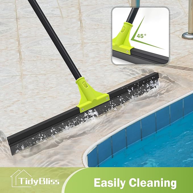 Floor Squeegee Heavy Duty, 24” Rubber Foam Water Scraper Broom, Epoxy Wiper Mop with 62 inches Long Handle for Cleaning Concrete Pool Rug Garage Deck Shower Window Outdoor Indoor (Green)