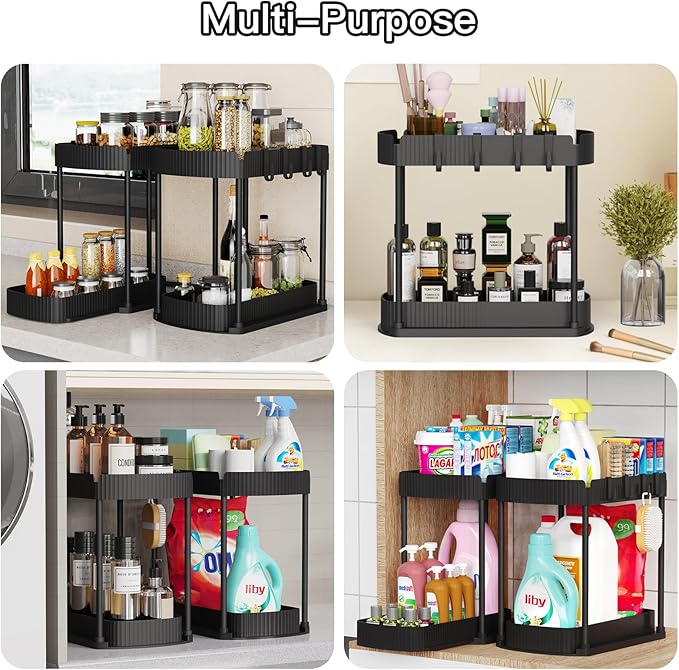2 Pack Multi-Purpose Pull-Out Storage Organizers, Under Sink Organizers and Storage for Bathroom & Kitchen, Under Cabinet Organizers and storage, 14.8 Inch, Black