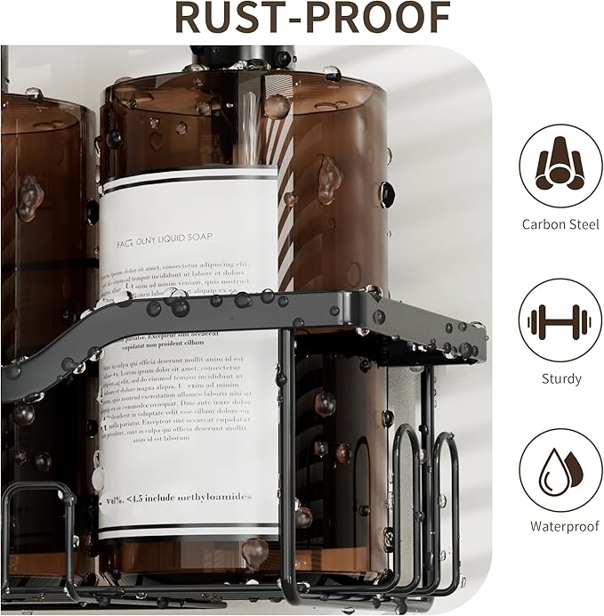 Shower Caddy Hanging 2-Tier Bathroom Organizer for Tall Showerhead with Soap Dish and Toothbrush Holder,Rustproof Over Shower Head Rack,Black