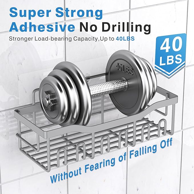 EUDELE Shower Caddy 2 Pack, Adhesive Shower Organizer for Home Decor & Kitchen Storage, No Drilling, Rustproof Stainless Steel Bathroom Shelf Organizer