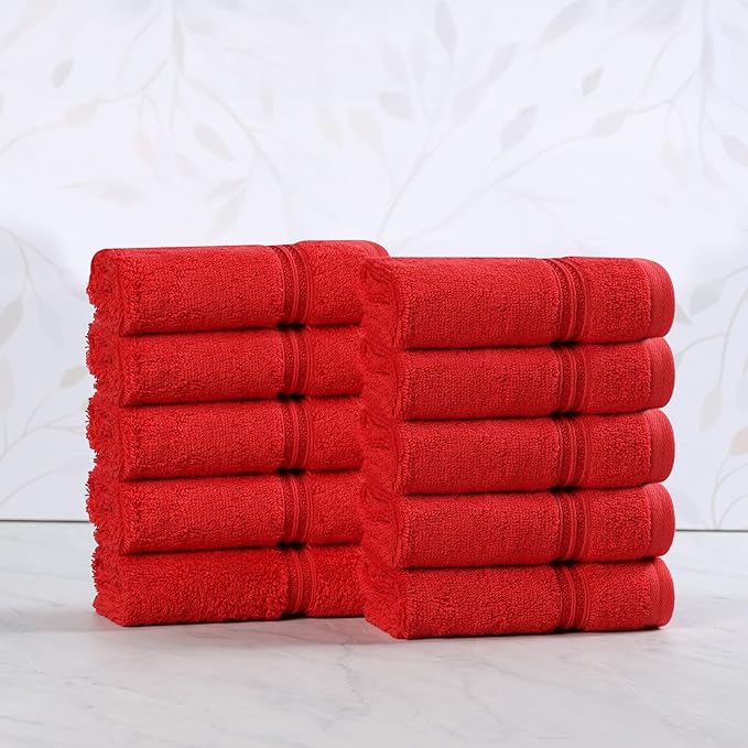 Superior Egyptian Cotton Face Towel/Washcloth Set, Small Towels for Home Bathroom, Master, Guest Bath, Decor Essentials, Quick Dry, Absorbent, Spa, Hotel, Resort, Adult, Kids, Set of 10, Red