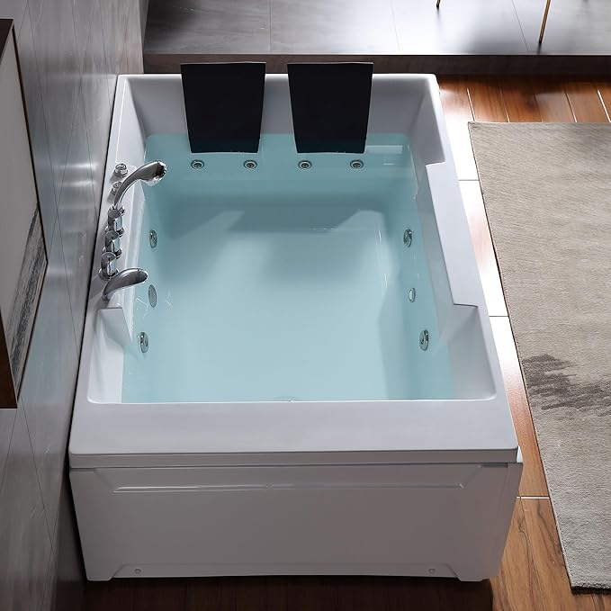 Empava 1125W Whirlpool Tub,72" x 48" Jetted Bathtub for 2 Person, Hydro Massage & Chromatherapy,ETL Certified,3 Sided Apron,Acrylic ,110 Gallons,Left Drain