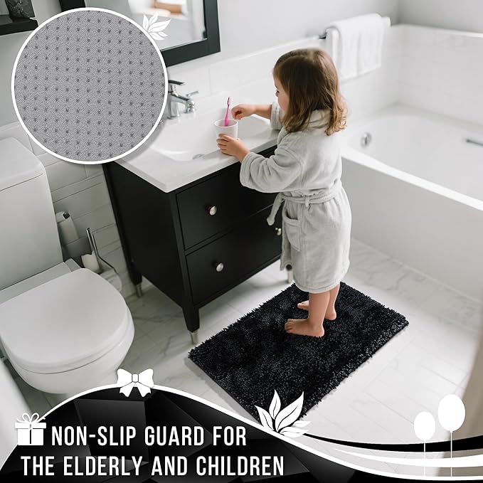 Yimobra Chenille Bathroom Rugs Non Slip, Extra Thick Soft Absorbent Bath Rug 31.5x20 Inch, Machine Washable Quick Dry Bath Mat for Bathroom Floor, Tub and Shower, Home Decor Accessories, Black