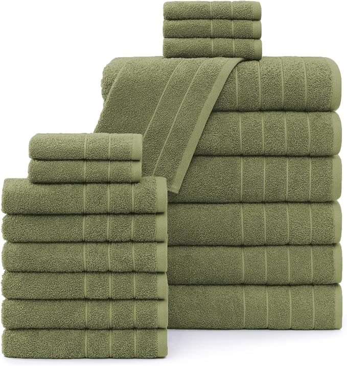 Casa Platino 100% Mercerized Cotton Bathroom Towel Set - 18 Pcs, Hotel Quality - Super Soft & Highly Absorbent - Ring Spun - 6 Large Bath Towels, 6 Washcloths, 6 Hand Towels - Family Pack - Oil Green