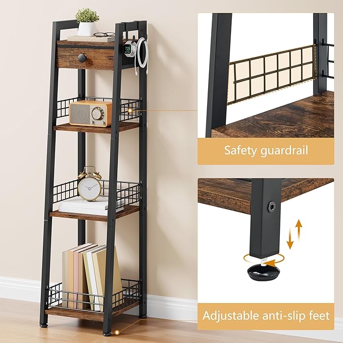 4-Tier Narrow Bathroom Table Ladder Shelf with Drawer, Bathroom Stand Floor Storage Shelf, Freestanding Tower Shelf Ladder -Rustic Brown.