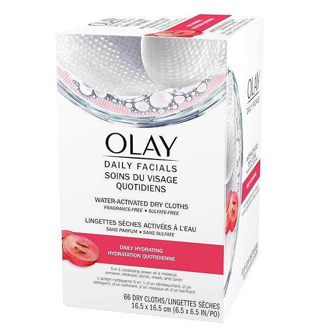 Olay Daily Facials, Daily Clean Makeup Removing Facial Cleansing Wipes, 5-in-1 Water Activated Cloths, Exfoliates, Tones and Hydrates Skin, 66 count