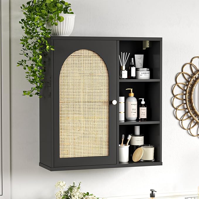 Rattan Bathroom Wall Cabinet, Boho Medicine Wall Cabinets with Door and Adjustable Shelves, Tall Kitchen Wall Mounted Storage Cabinet, Floating Hanging Cabinet Space Saver for Laundry Room,Black