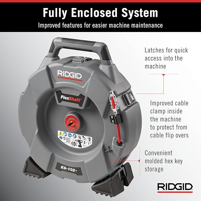 RIDGID 76193 FlexShaft K9-102+ Drain Cleaning Machine for 1 1/4-2" (32-50 mm) Pipes with 50' (15,2 m) 1/4" (6 mm) Cable and Kit