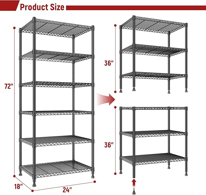 REIBII 72’’H Wire Shelving, 6 Tier Metal Shelving Units and Storage Shelves, Adjustable Garage Shelving for Storage Heavy Duty Shelving for Pantry Shelf Kitchen Garage, 24’’W X18’’D X72’’H