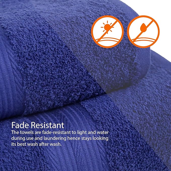 Amazon Basics 6 Piece Oversized Fade resistant Towel set, 100% Cotton towels for bathroom, soft and absorbent, 2 Bath Towels, 2 Hand Towels and 2 Washcloths bathroom towel set, Navy Blue