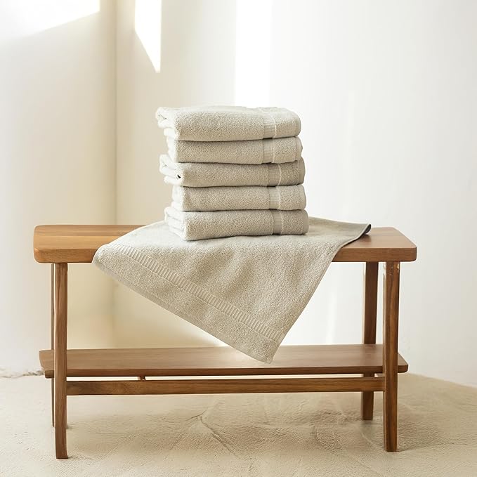 SALBAKOS 100% Turkish Cotton Hand Towel Set of 6 16x30 inch | Heirloom Quality | Hotel & Spa Collection | Ultra Soft, Super Absorbent, Long Lasting Hand Towels | Made in Turkey (Stone, 6 Hand Towels)