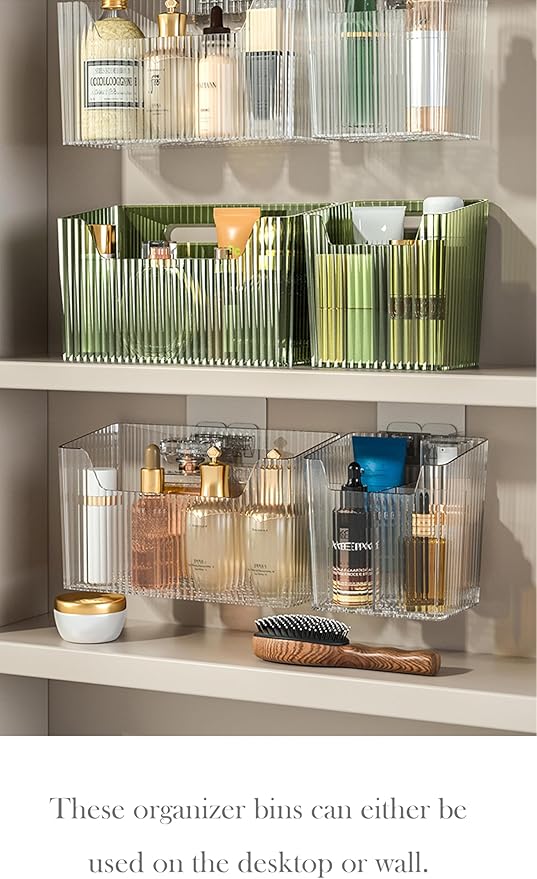 Set Of 2 Storage Organizer Bins Wall Mounted Shower Basket, Shower Caddy Stackable Clear Plastic Makeup Organizer Adhesive Hanging Bin for Bathroom, Kitchen, Cabinet, Pantry, BPA Free, Green