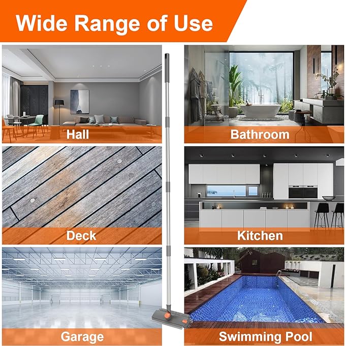 Floor Scrub Brush with Long Handle, BITOPE 3 in 1 Stiff Bristles Deck Brush 360° Rotating Floor Scrubber with Squeegee, Tweezer for Clean Patio, Deck, Tile, Concrete, Balcony Outdoor