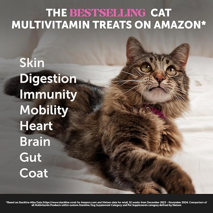 Cat Multivitamin Chews - Cat Treats for Health + Immune, Joint Support, Skin & Coat, and Digestion - Omega 3s, Lysine & Probiotics for Cats, Vitamins for Cats - Chicken (90-Day Supply)