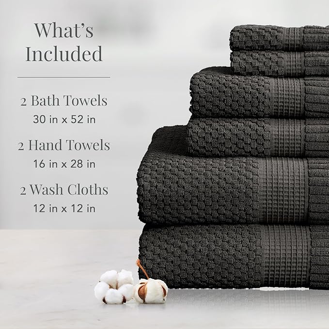 NY Loft 100% Cotton 6 Piece Bath Towel Set | Grey Towels | Oeko-TEX® Standard 100 | Soft & Absorbent, Quick-Dry | 2 Bath Towels 2 Hand Towels and 2 Washcloths | Trinity Collection - Dark Grey