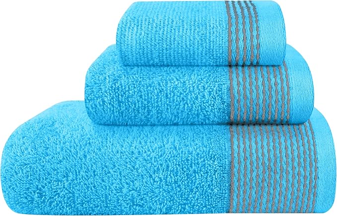 Belizzi Home Ultra Soft 3 Pack Cotton Towel Set, Contains a Bath Towel 28x55 inch, a Hand Towel 16x24 inch & a Wash Coth 12x12 inch, Ideal Everyday use, Compact & Lightweight -Turquoise Blue