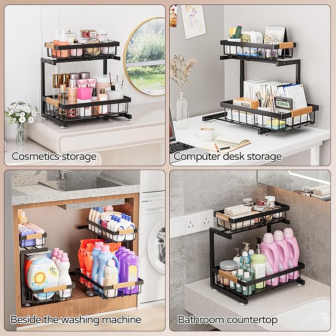 ADBIU Under Sink Organizer, 2 Pack 2 Tier Expandable Height (13.2" - 17.2") Pulling Out Kitchen Bathroom Cabinet Organizers