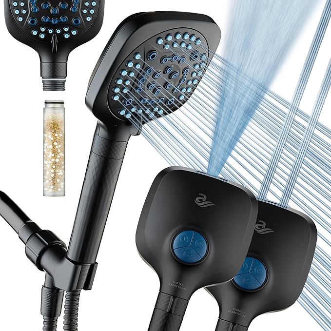 AquaCare 4X High Pressure 10 Spray Mode Filtered Showerhead - Handheld Shower Head Filters Chlorine to Heal Dry Skin, Revive Hair - Dual Power Wash Cleans Tub, Tile, Pets - Hard Water Softener, Black