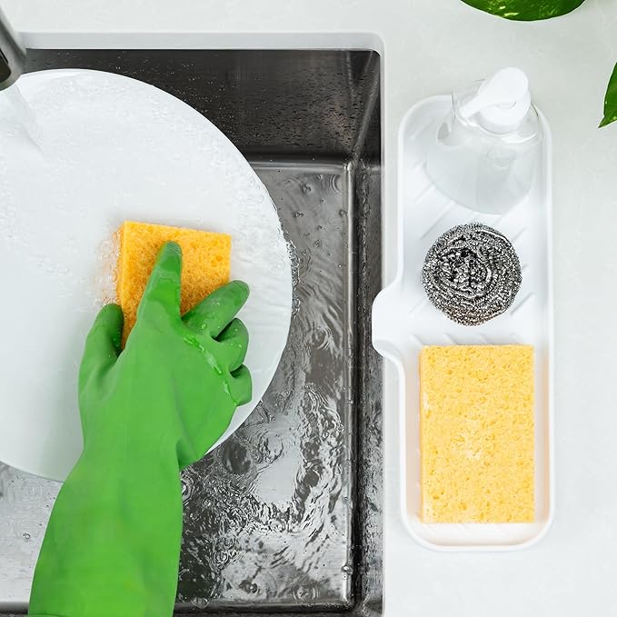 Zulay Kitchen Large Silicone Sponge Holder (12x4) – Flexible Sink Organizer Tray for Kitchen & Bathroom – Multipurpose Soap Dish for Sponges, Makeup, Trinkets & More (White)
