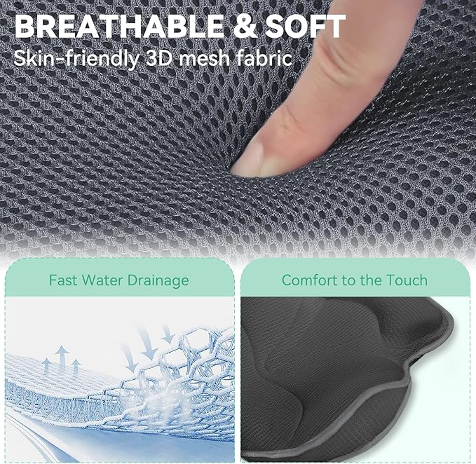 Bath Pillows for Tub - Luxury Bathtub Pillow Neck, Head, Back Support, Soft 4D Mesh Fabric and Non-Slip Suction Cups & Quick Dry, Comfort Fits All Tubs, Relaxation Spa Gift, Grey