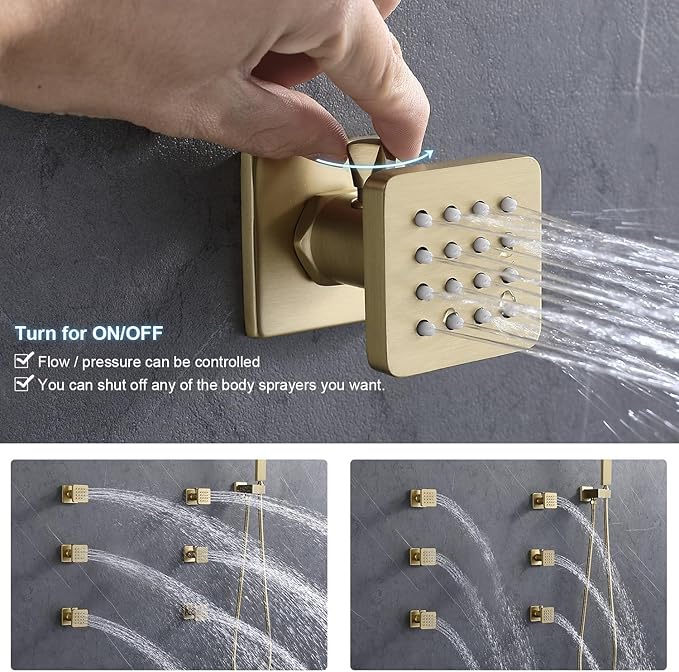 Enga Brushed Gold Shower Jets System, 16 Inch LED Rainfall Shower Faucet Set Body Spray with On-off Switch, Thermostatic Shower System Work At the Same Time