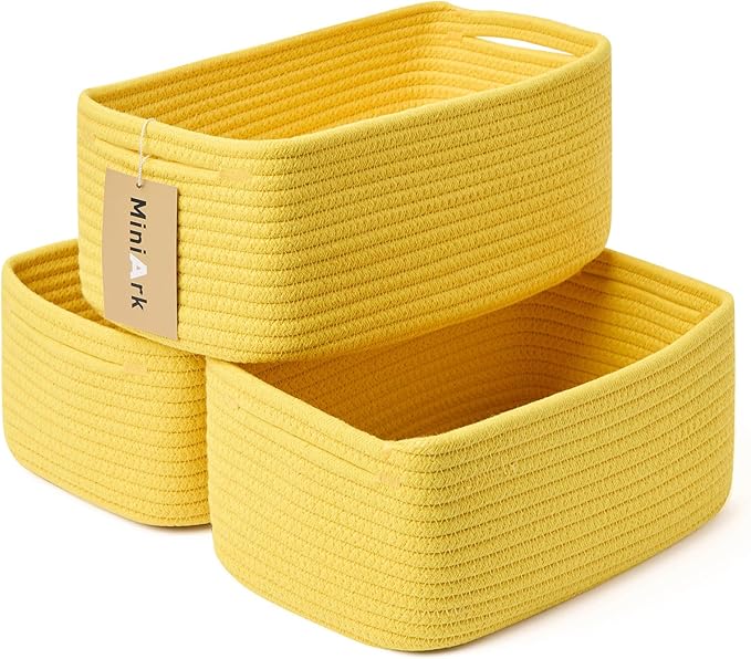 Small Storage Baskets for Organizing | Closet Organizer Bins | Shelf Toy Basket | Woven Rope Baskets | Cube Decorative Box | Shallow Basket | 13x8.5x5.1” | 3 Packs Yellow