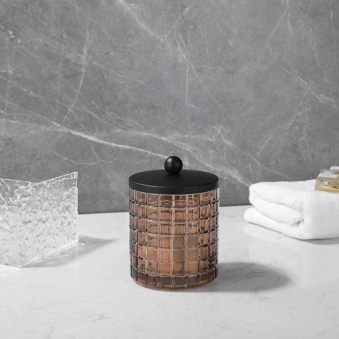 Amber Colored Tranlucent Apothecary Etched Geometric Grid Glass Jar W/Matte Black Metal Lid for Bathroom Organization, Cotton Balls, Q Tips, and Small Accessories, Bathroom Storage